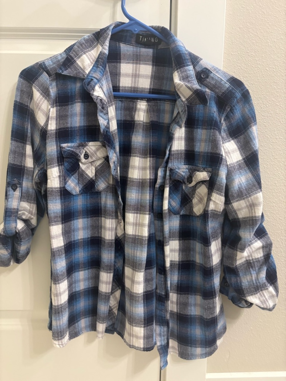 T.I.M.I.N.G Blue Plaid Button Down Shirt Size Large (Runs Small) Casual Flannel